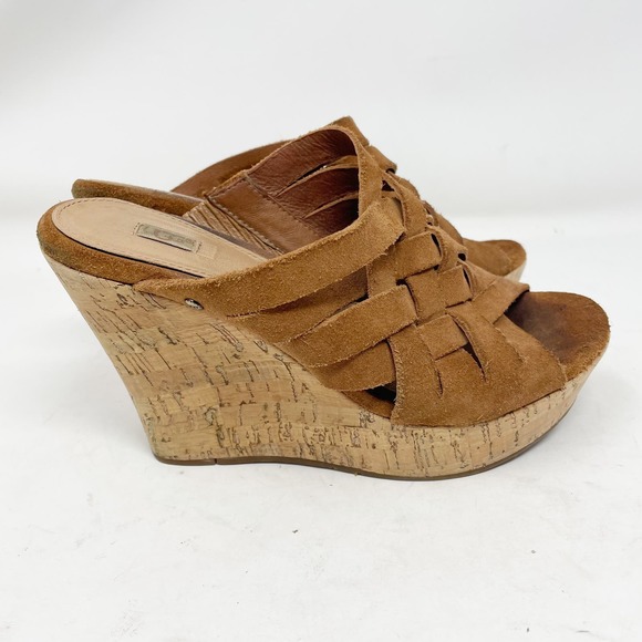UGG Shoes - Ugg Size 7.5 Woven Cognac Suede Leather Cork Wedge Slide Mule Sandal